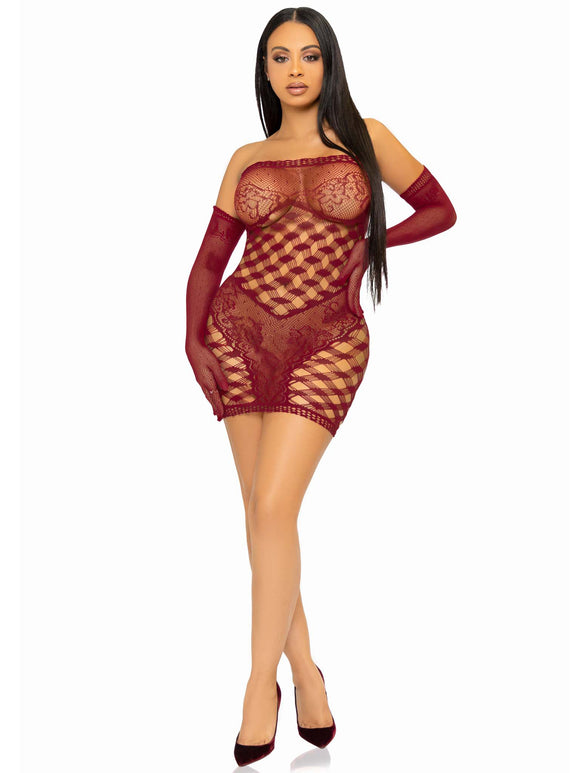 2 Pc Hardcore Net Tube Dress With Gloves - One Size - Burgundy LA-86136BUROS