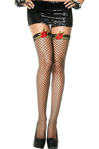 Rose Applique Spandex Mini Diamond Net Thigh Hi - One Size - Black/red ML-4950