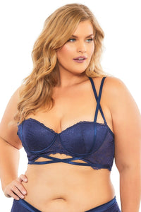 Lace Push Up Balconette Bra With Crossing Halter Straps - Estate Blue - 3x OH-11-10823XEB3