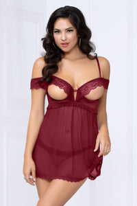 Lace and Mesh Babydoll and Thong - Wine - Extra Large STM-10972WINEXL