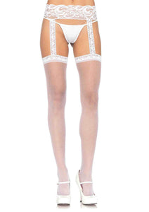 Sheer Lace Top Stockings With Attached Lace Garter Belt - One Size - White LA-1767